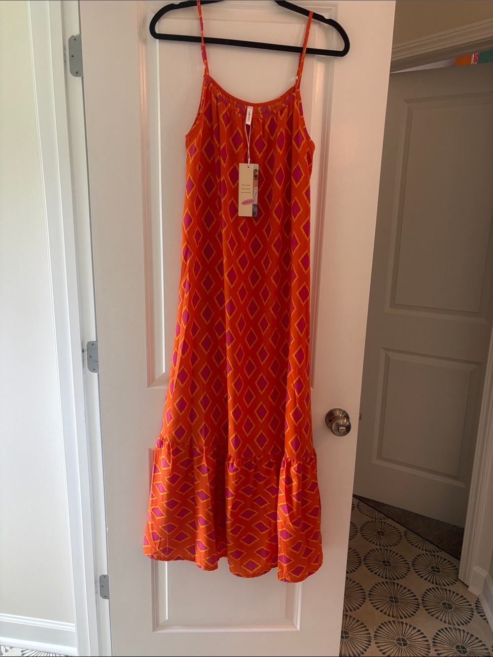 Bright Orange Geometric Maxi Dress with Spaghetti Straps